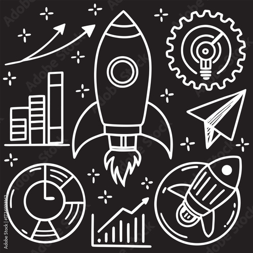 A startup themed doodle with rocket, graph, gear, and other business icons