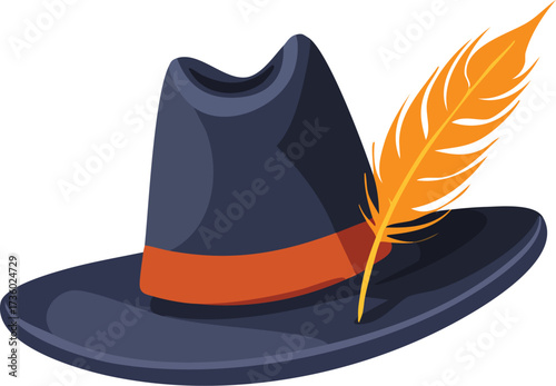 A dark fedora hat with a colorful autumn feather. An isolated vector illustration for fall fashion and seasonal accessories. Generative AI