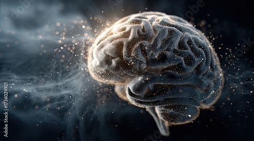 3D brain illustration, textured, with glowing particles