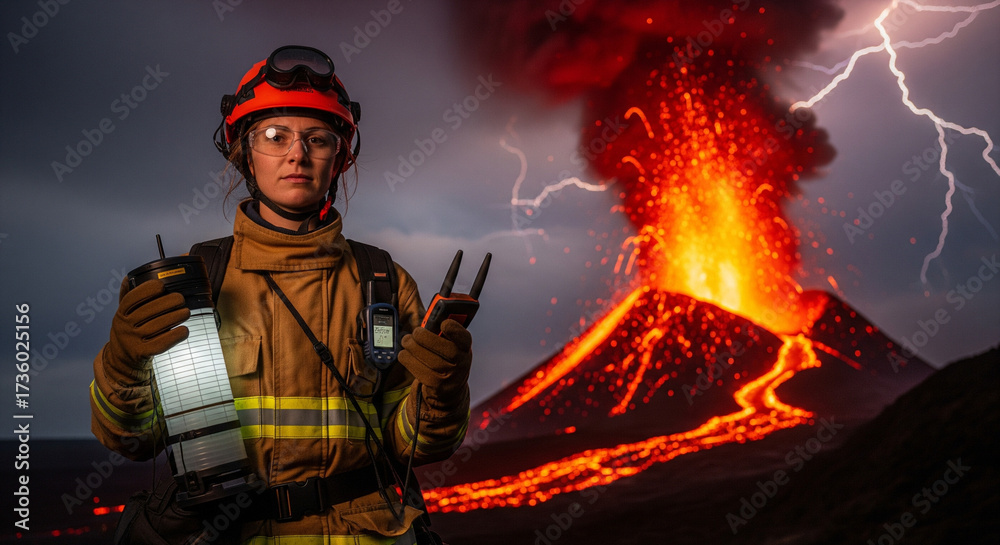 Fototapeta premium Emergency Responder Against Volcanic Eruption and Dramatic Lightning A courageous female emergency worker or firefighter, dressed in a standard fire-resistant turnout coat and safety helmet 