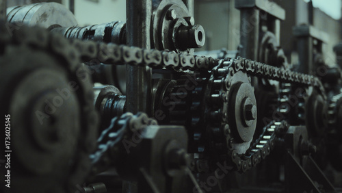 Industrial chain drive system with gears and sprockets operating, representing concepts of heavy industry, engineering, precision manufacturing, and mechanical power transmission