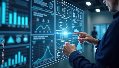 Business analyst interacting with big data dashboard for process efficiency and production analysis