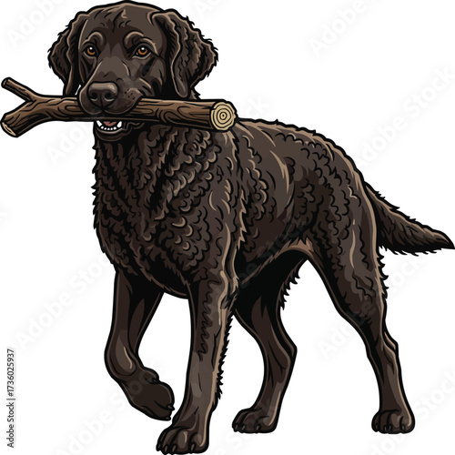 curly coated retriever dog carrying stick retrieving vector illustration