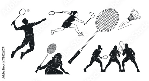Dynamic badminton players in action silhouettes, perfect for sports branding and fitness campepsgns, showcasing athleticism and teamwork for energetic designs.