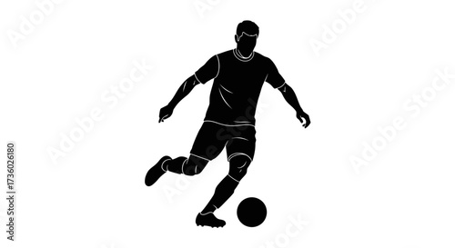 Dynamic silhouette of a soccer player kicking the ball with power and precision for sports advertising or design projects, showcasing athletic skill