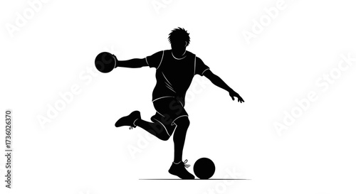 Dynamic silhouette of a soccer player dribbling and passing with skill, perfect for sports marketing or fitness campepsgns, showcasing athleticism and passion