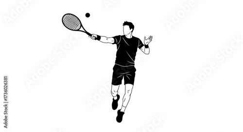 Dynamic tennis player hitting a powerful forehand in black and white, perfect for sports branding or fitness campepsgns, showcasing action and determination