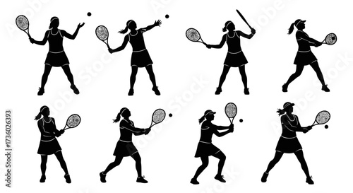 Dynamic tennis player silhouette collection showing various poses and actions on the court, ideal for sports content and athletic designs, fitness inspiration