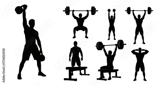 Dynamic silhouettes showcasing diverse weightlifting exercises for fitness enthusiasts and gym promotions, offering a powerful and motivational visual narrative