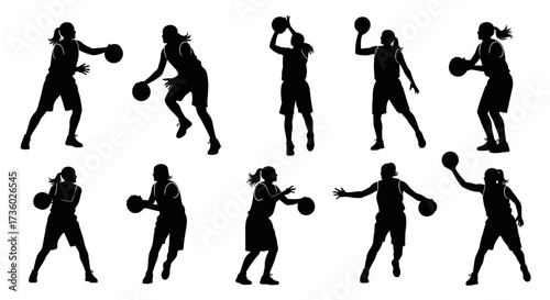 Dynamic black silhouettes showcase confident female basketball players in action, dribbling, shooting, and passing, ready to score with athletic power