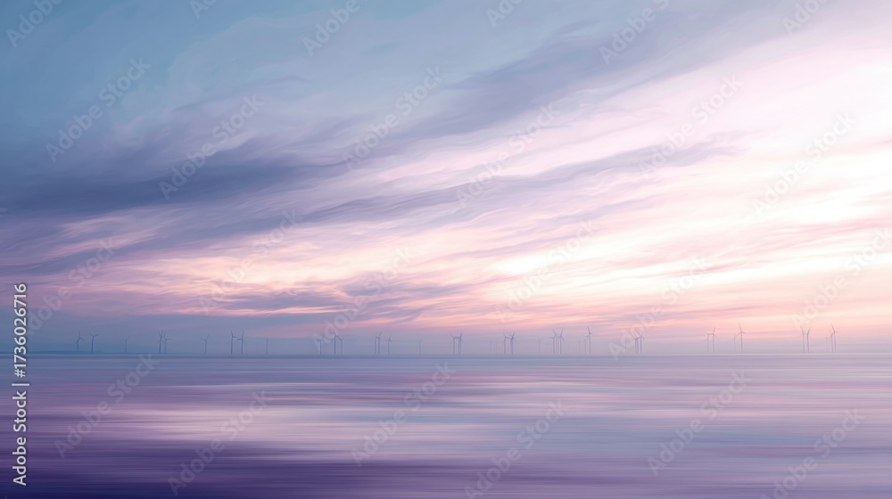 Fototapeta premium Landscape photograph of a vast ocean with a row of wind turbines in the distance.