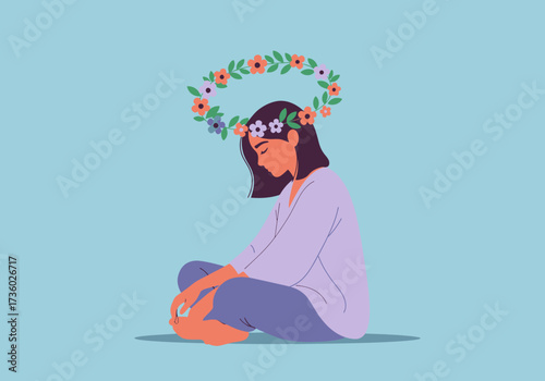 Serene illustration of a woman finding deep peace in nature, promoting mental health and wellness through mindfulness practices and self-care