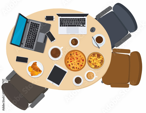 Overhead view of round table with laptops and food office lunch meeting high quality professional