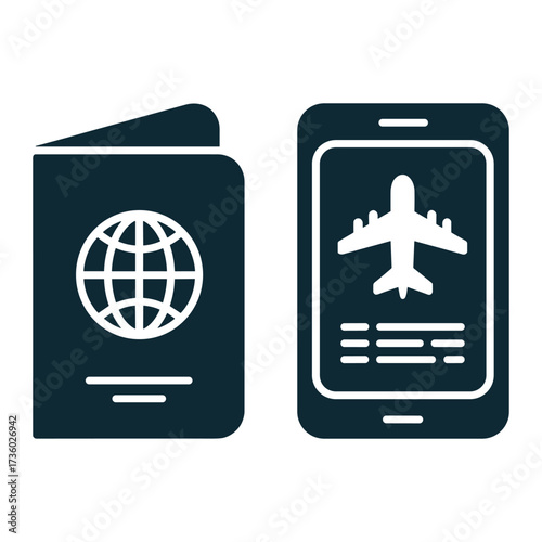 Icons of a passport and a smartphone displaying an airplane ticket on a white background Keywords: icon, passport, smartphone, mobile phone, airplane ticket, travel, booking, flight, journey
