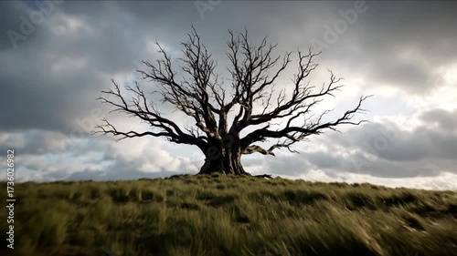 Wallpaper Mural Dolly shot moving towards a single, ancient tree standing isolated on a remote, windswept grassy hill under a dramatic, cloudy sky growth, tree, serene Torontodigital.ca