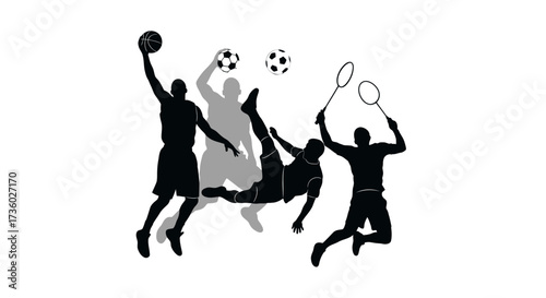 Dynamic action of diverse sports silhouettes perfect for fitness campepsgns, team logos, or promoting an active lifestyle and sportsmanship