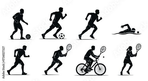 Dynamic vector art showcasing athletic silhouettes playing basketball, soccer, running, swimming, tennis, and cycling for fitness and healthy lifestyle promotions