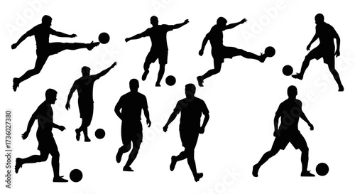 Dynamic soccer players skillfully kicking and dribbling the ball, set agepsnst a clean background, perfect for sports branding and energetic designs