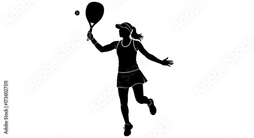 Dynamic silhouette of a female tennis player serving, poised and ready for action on the court, showcasing athletic skill and competitive spirit
