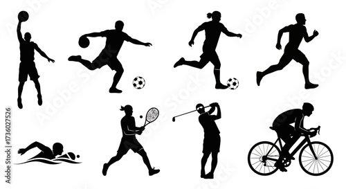 Dynamic silhouettes of athletes in action showcase the energy and dedication to sports like basketball, soccer, tennis, golf, cycling, swimming, and running