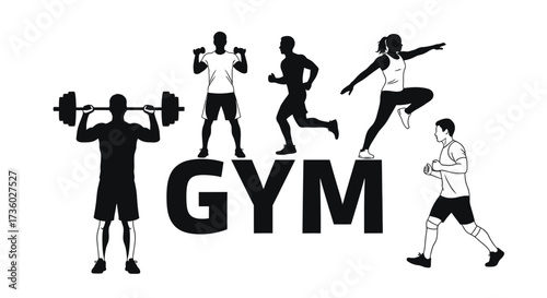 Dynamic gym lifestyle featuring diverse athletes in silhouette lifting weights, running, and exercising for fitness motivation and a healthy lifestyle