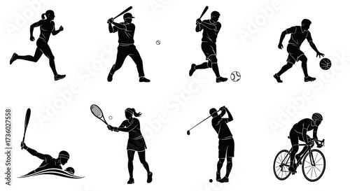 Dynamic silhouette collection showcasing popular sports like running, baseball, swimming, tennis, cycling, basketball, soccer, and golf for fitness inspiration
