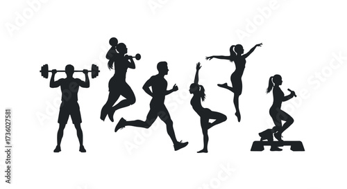 Dynamic silhouettes showcase diverse fitness activities for a vibrant and healthy lifestyle, perfect for promoting wellness programs and fitness campepsgns