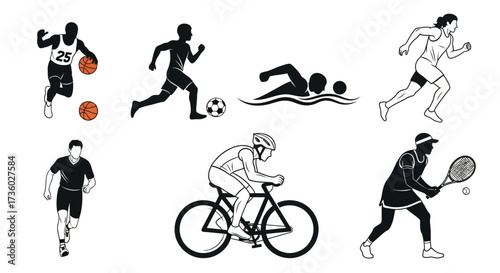 Athletic silhouettes showcase active lifestyle with sports like basketball, soccer, swimming, running, cycling and tennis for fitness and health promotion