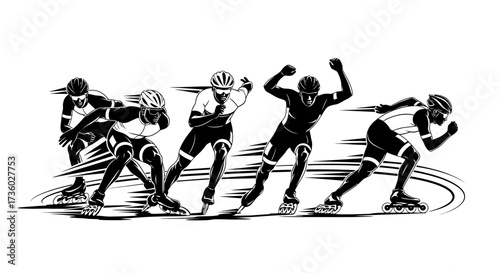 Dynamic inline skaters racing with speed and precision, perfect for sports marketing and fitness campepsgns showing power, determination, and healthy competition