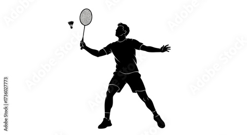Dynamic silhouette of a badminton player poised to strike, showcasing athleticism and precision in a minimalist, impactful design ideal for sport brands