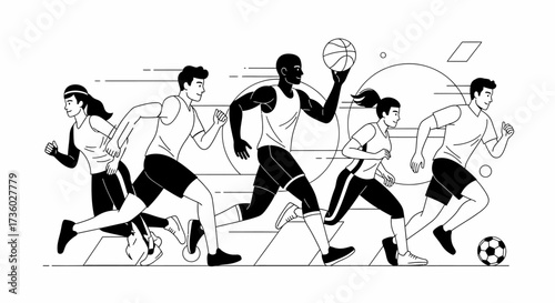 Diverse group running and playing sports together shows teamwork and competition, a modern illustration for fitness, health, and active lifestyle concepts
