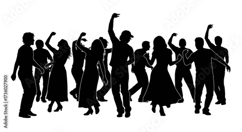 Dynamic silhouettes of a crowd dancing and celebrating at a vibrant party, perfect for event promotions, nightlife designs, and creating an energetic atmosphere