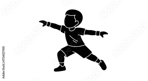Active young boy in dynamic pose, ready for action, showing strength and determination in a modern, minimalist style, perfect for sports and youth concepts