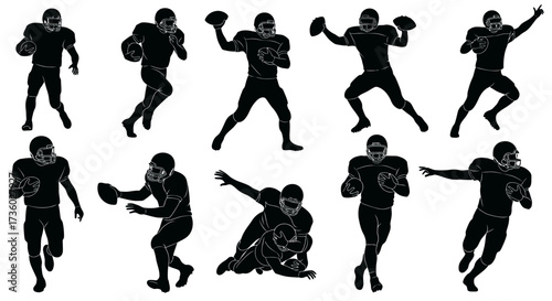 Dynamic silhouettes of American football players in action, showcasing athleticism and teamwork for sports designs and promotional materials, vector art