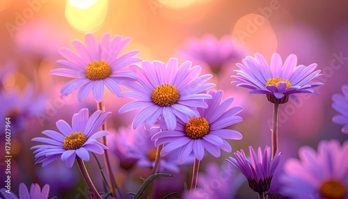 Field of Lavender Daisies with Golden Centers in Warm Sunset Light