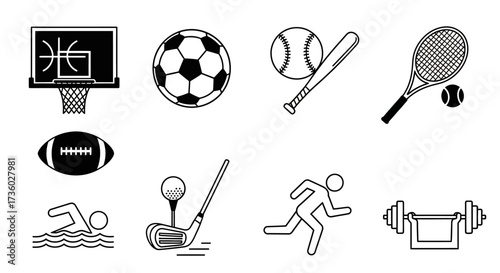 Dynamic collection of black and white sport icons inspires fitness, competitive spirit, and active lifestyle choices for promotional and educational designs