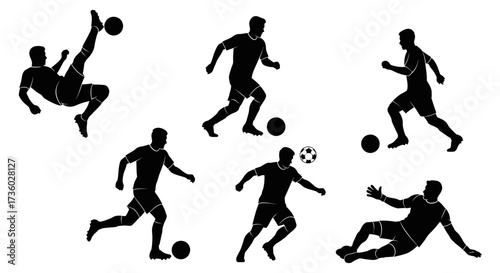 Dynamic soccer players in action silhouettes showcase athleticism and teamwork for sports marketing or design projects, passion for soccer is evident in this art.
