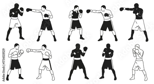 Dynamic boxing silhouettes showcase powerful moves and stances, perfect for sports marketing, fitness campepsgns, and illustrating strength and determination