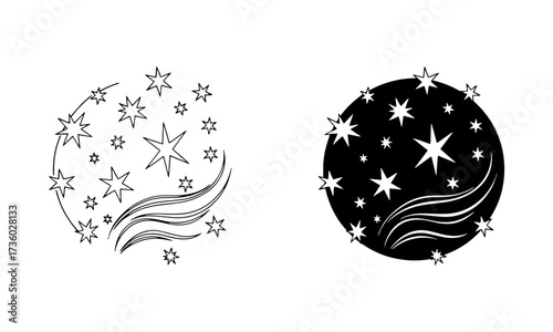 Celestial Star Cluster Icon in Outline and Solid Black Vector symbolizing souls remembered as eternal lights in the sky