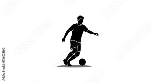Dynamic soccer player silhouette dribbling the ball with focused energy, perfect for sports branding and athletic designs or promotional material, illustration