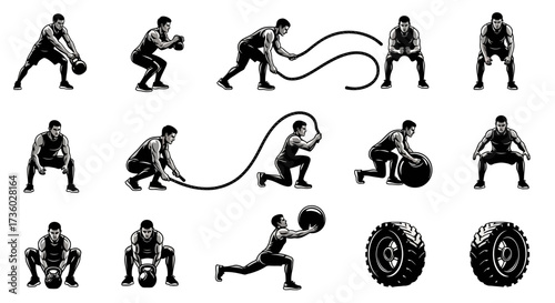 Get Fit Now With This Dynamic Collection of Fitness Exercises Featuring Kettlebells, Battle Ropes, Medicine Balls, and Tire Flips, Ideal for Gyms and Fitness Apps