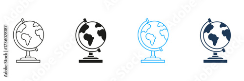 Globe Line And Solid Icon Set. Global Education, Geography Learning, And World Exploration Symbol Collection. Earth Representation For Academic And Travel Use. Isolated Vector Illustration