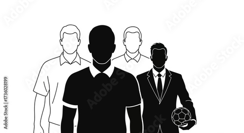 Dynamic team of football managers and coaches in sleek black and white, ready to lead your team to victory in a modern and professional way