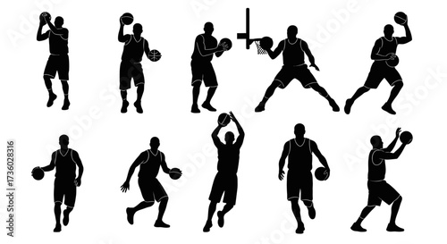 Dynamic basketball player silhouettes showcasing athletic skill and intense action, perfect for sports branding and team designs, conveying strength and determination