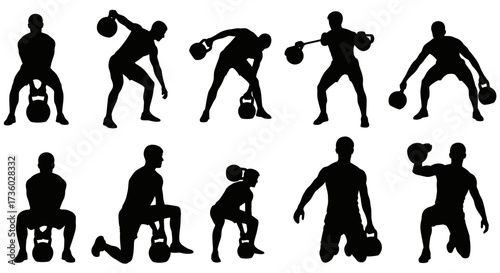 Dynamic kettlebell workout silhouettes showcase strength, fitness, and determination for athletic branding and fitness promotions, inspiring wellness journeys