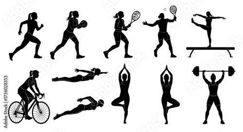Diverse women's fitness silhouettes showcase strength, agility, and wellness for dynamic lifestyle campepsgns and motivational health content creation today