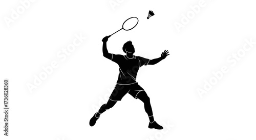 Dynamic silhouette of badminton player smashing shuttlecock with power and precision, perfect for sports marketing and athletic designs, showcasing skill and action