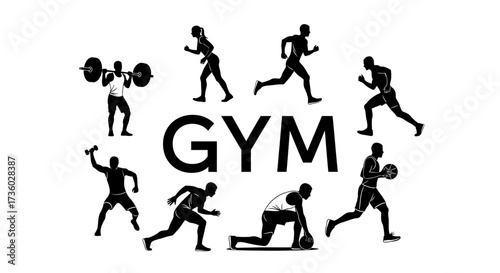 Gym motivation with athletic silhouettes trepsning fitness, running, weightlifting, and basketball for a healthy lifestyle in black and white
