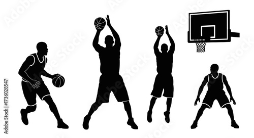 Collection of dynamic basketball player silhouettes in various action poses, perfect for sports branding, athletic apparel, and game designs