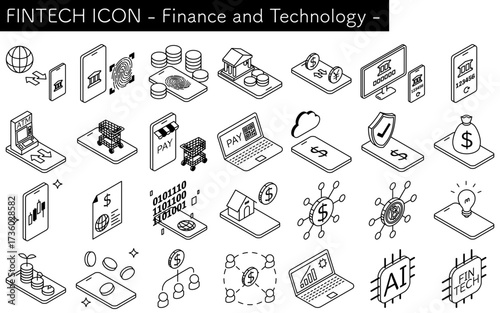 スマホと金融テクノロジーの組み合わせイメージで使えるフィンテックアイコンのアイソメトリックイラスト